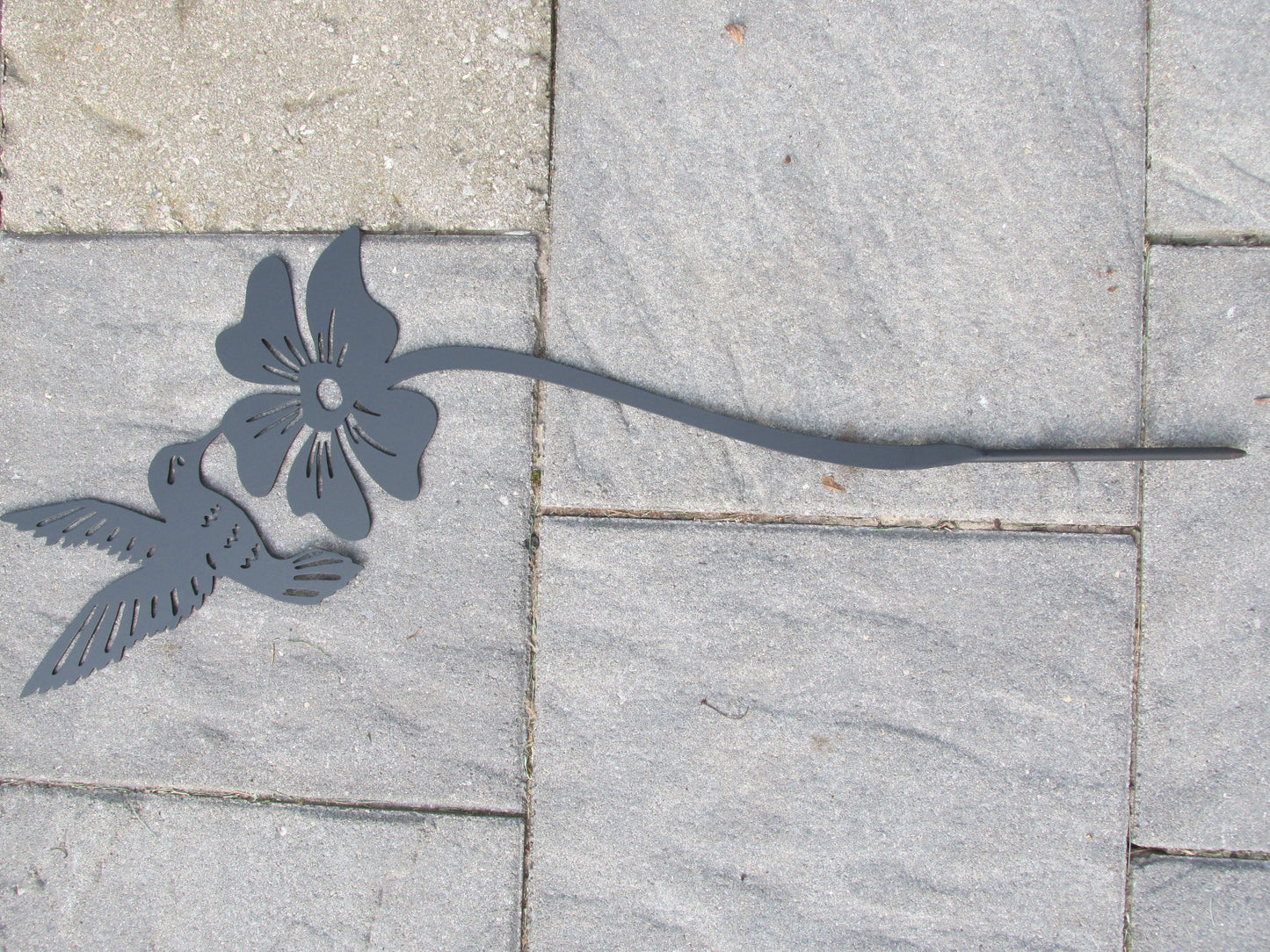Metal Hummingbird and Flower Garden Stake: Black Metal Art