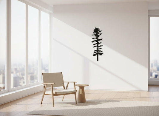 Handcrafted black metal pine tree wall art silhouette displayed in a modern minimalist living room, Ontario-made metal decor by Castle Stone Ironworks
