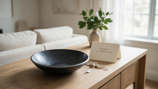 Hand-forged iron anniversary bowl with tally marks on wood table beside Happy 6th Anniversary card, Ontario made