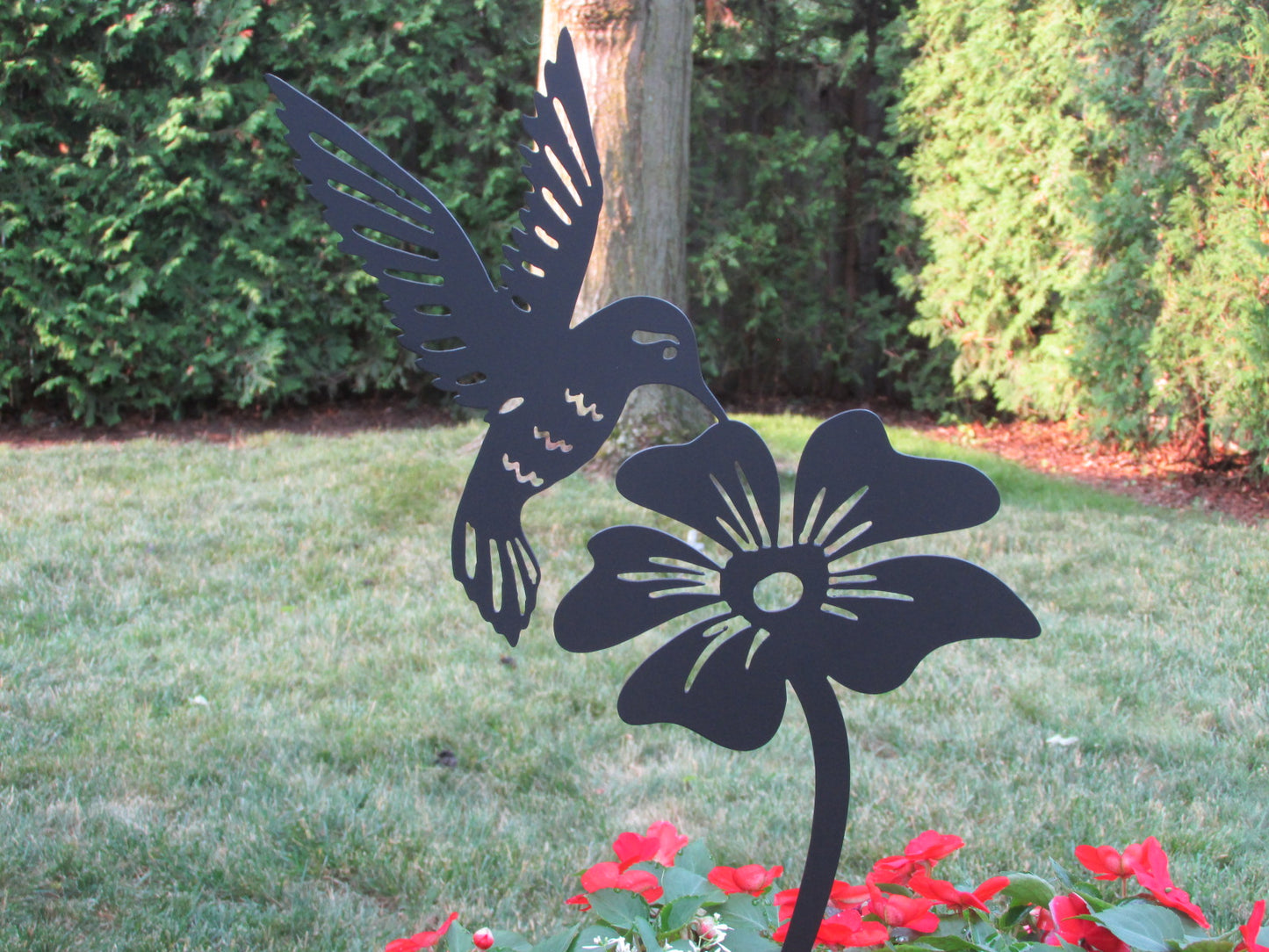 Metal Hummingbird and Flower Garden Stake: Black Metal Art